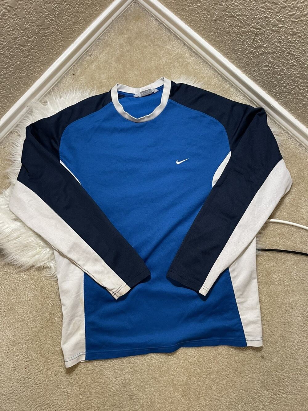 Vintage Nike Shirt Mens L Blue Colorblock Long Sleeve Mesh Athletic Training